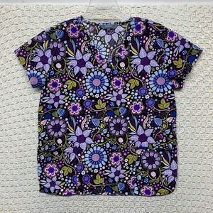 Serene Uniforms Scrub Top Womens Small Black Multicolor Floral Print Medical